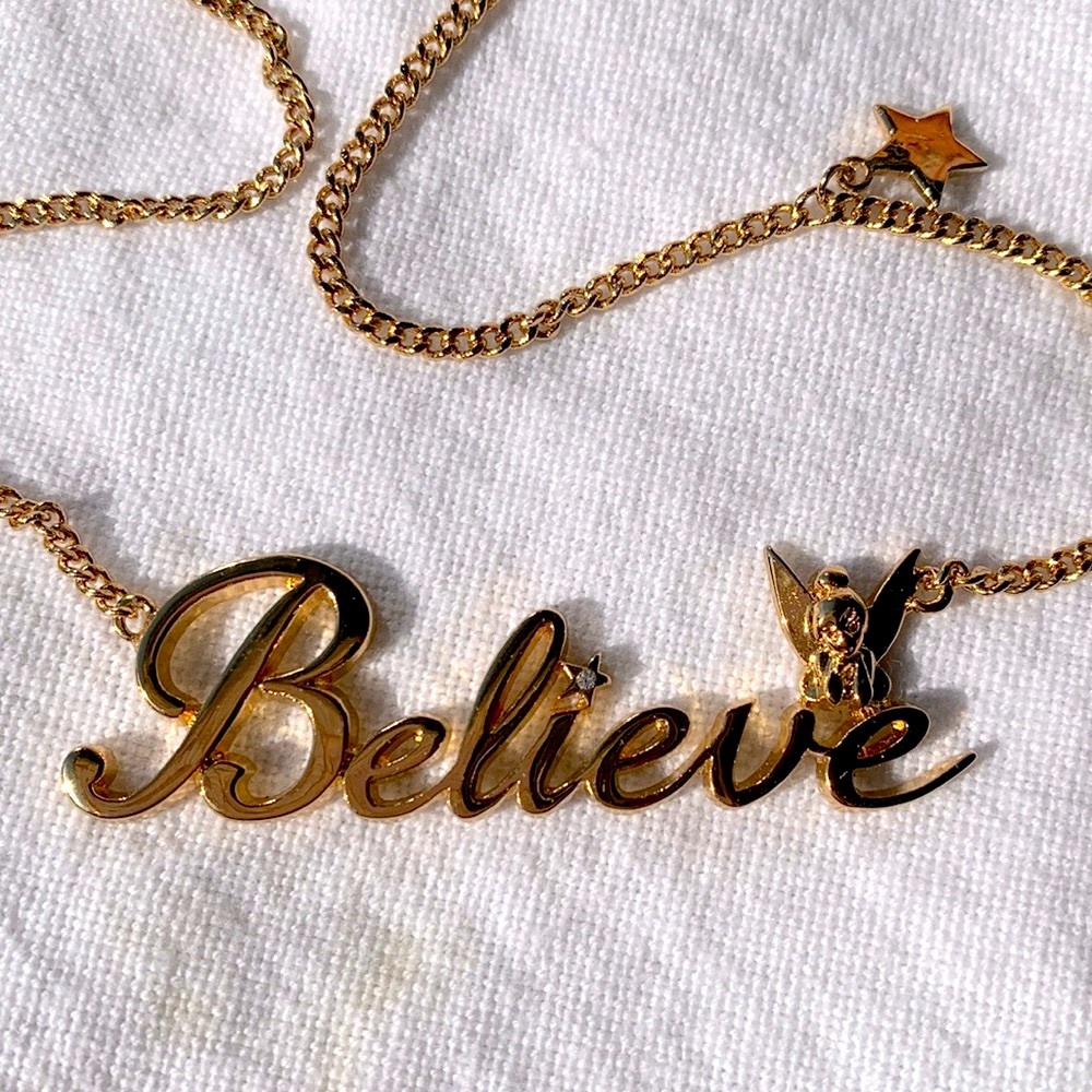 Disney Tinkerbell “Believe” 14k gold plated necklace with signature pouch